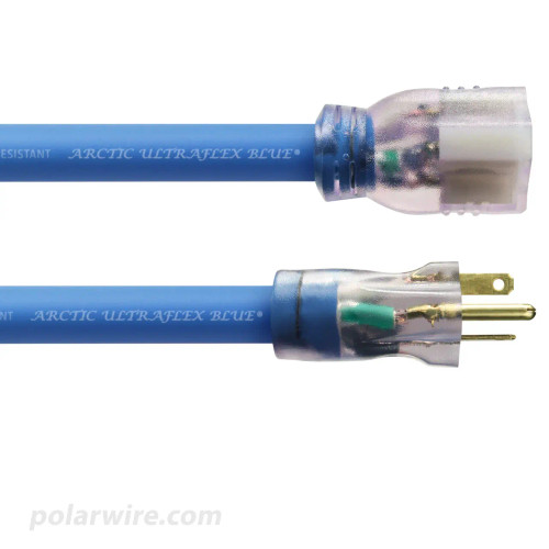 Arctic Ultraflex Blue 20 amp extension cords are designed for long life with lighted Nema 5-20 molded ends secured with steel reinforcing rings and heavy duty strain relief