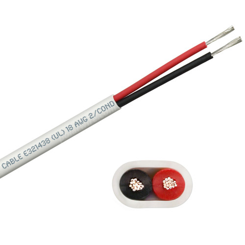 18 AWG flat red and black dc duplex marine grade tinned copper bc5w2 boat cable features ultra flexible Class K fine copper stranding for flexibility and conductivity, exceeds ABYC standards, UL Listed, CSA Certified