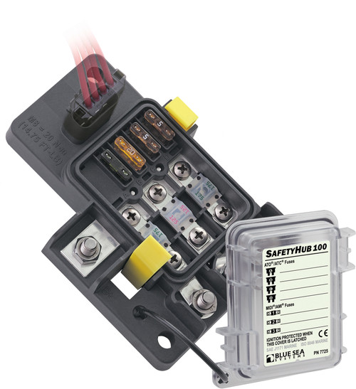 Safety hub 100 ignition protected fuse block holds three MIDI/AMI fuses and four ATO/ATC fuses