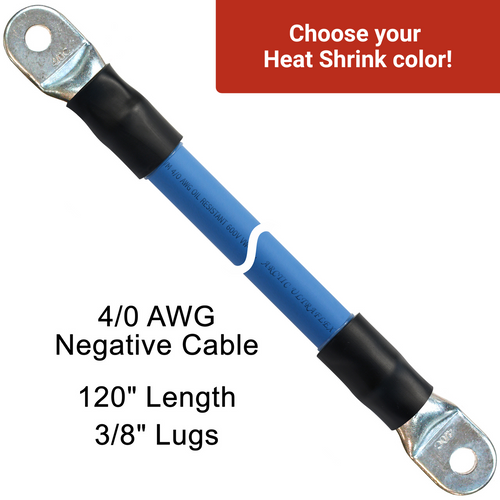120" 4/0 AWG Arctic Ultraflex Blue Negative Battery Cable with 3/8" plated copper eyelet lugs and red heavy wall adhesive lined heat shrink
