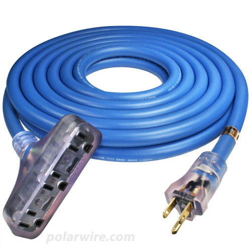 25 foot 12 gauge Arctic Ultraflex Blue extension cord  t-style triple outlet power cord with molded clear NEMA 5-15 lighted ends