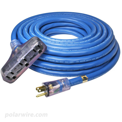 50 foot 12 gauge Arctic Ultraflex Blue extension cord t-style triple outlet power cord