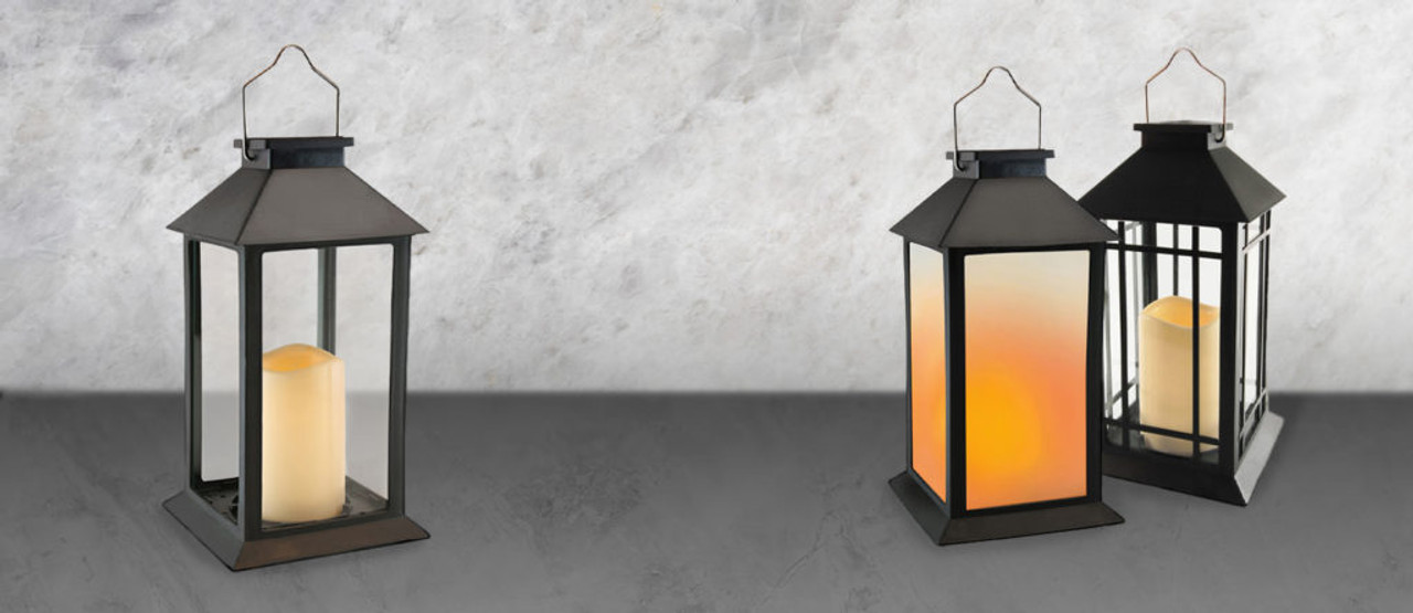 Different styles of solar lanterns charged by the sun light up the outside.