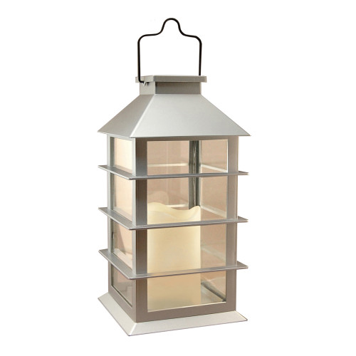 Solar Powered Lantern with LED Candle - Sliver