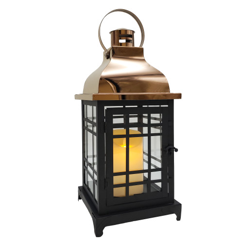 Metal Lantern with Moving Flame LED Candle - Black with Copper Roof