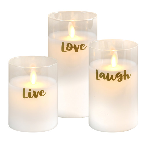 Battery Operated LED Glass Candles with Moving Flame, Live Laugh Love - Set of 3
