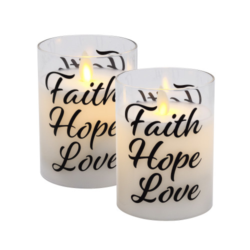 Battery Operated Glass LED Candles, Faith Hope Love - Set of 2