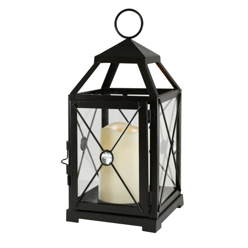 Battery-Operated Metal Lantern with LED Candle - 14 Black Window