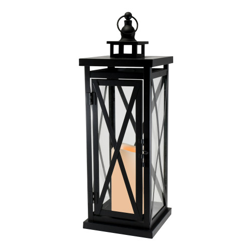 Metal Lantern with Battery Operated Candle - Black Crisscross