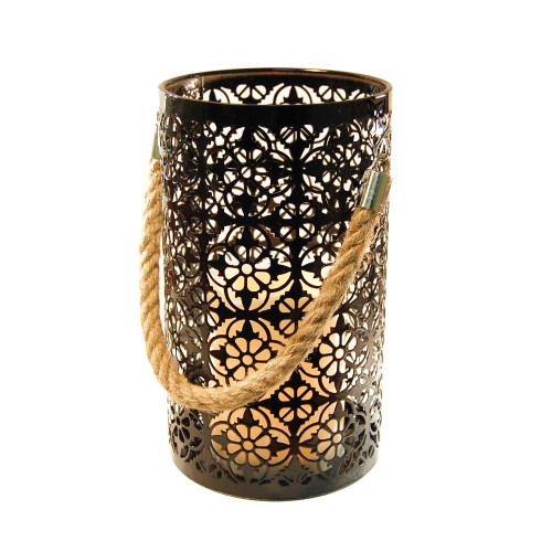 Metal Lantern with Battery Operated Candle - Black Jacquard Metal Lantern with Battery Operated Candle - Black Jacquard