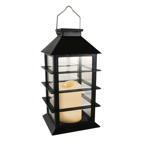 Solar Powered Lantern with LED Candle - Horizontal Black