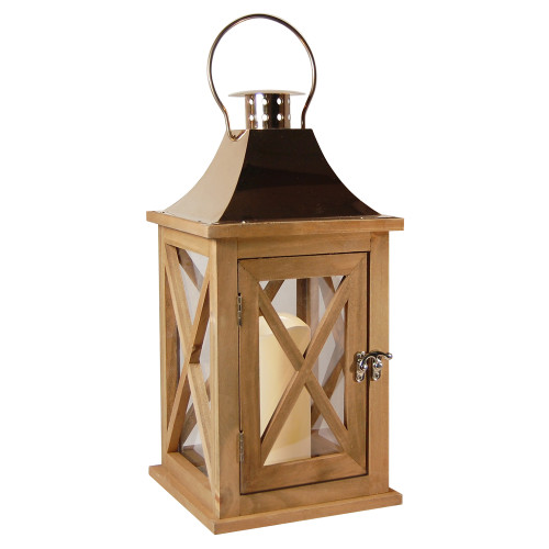 Wooden Lantern with Battery Operated Candle - Natural with Copper Roof