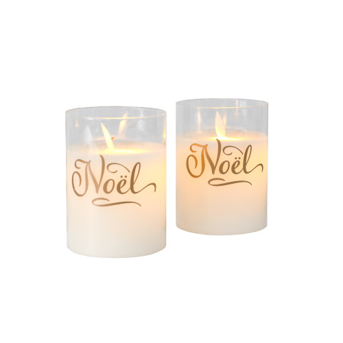 Battery Operated Glass LED Candles, Noel - Set of 2