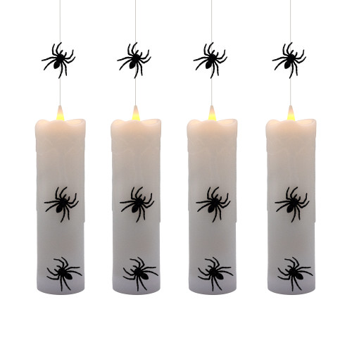 Battery-Operated Hanging Pillar Candles with Spiders - Set of 4
