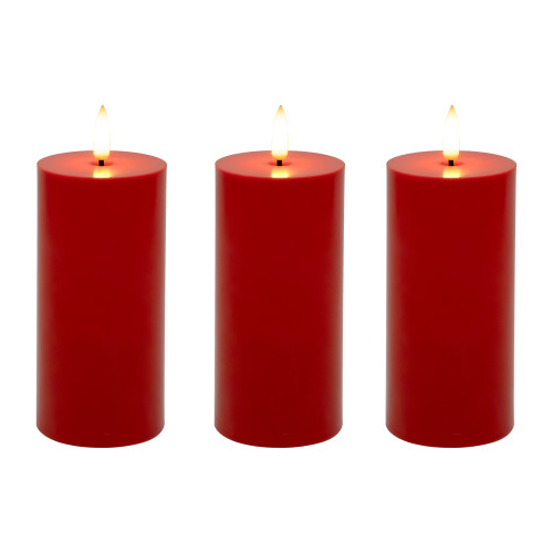 Battery-Operated 3D Wick Pillar Candles, Red - Set of 3