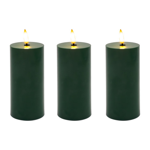 Battery-Operated 3D Wick Pillar Candles, Green - Set of 3