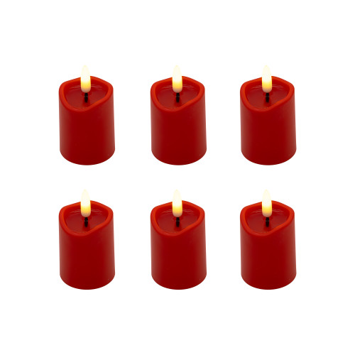 Battery-Operated 3D Wick Flame Mini Pillars, Red - Set of 6