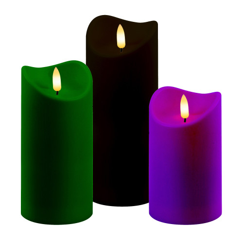 Battery-Operated LED Green, Purple & Black Candles - Set of 3