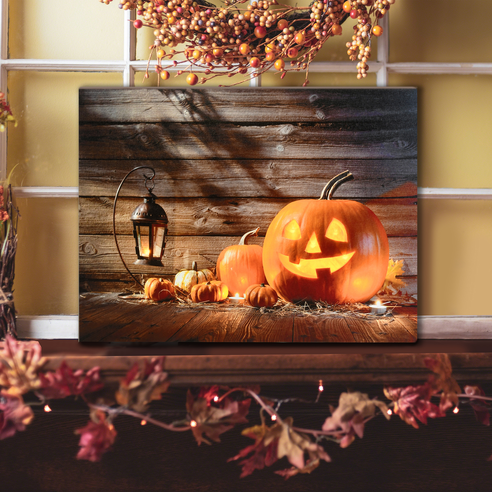 Jack-o'-lantern pumpkin wall art lights up room and decorates for Halloween & Fall.