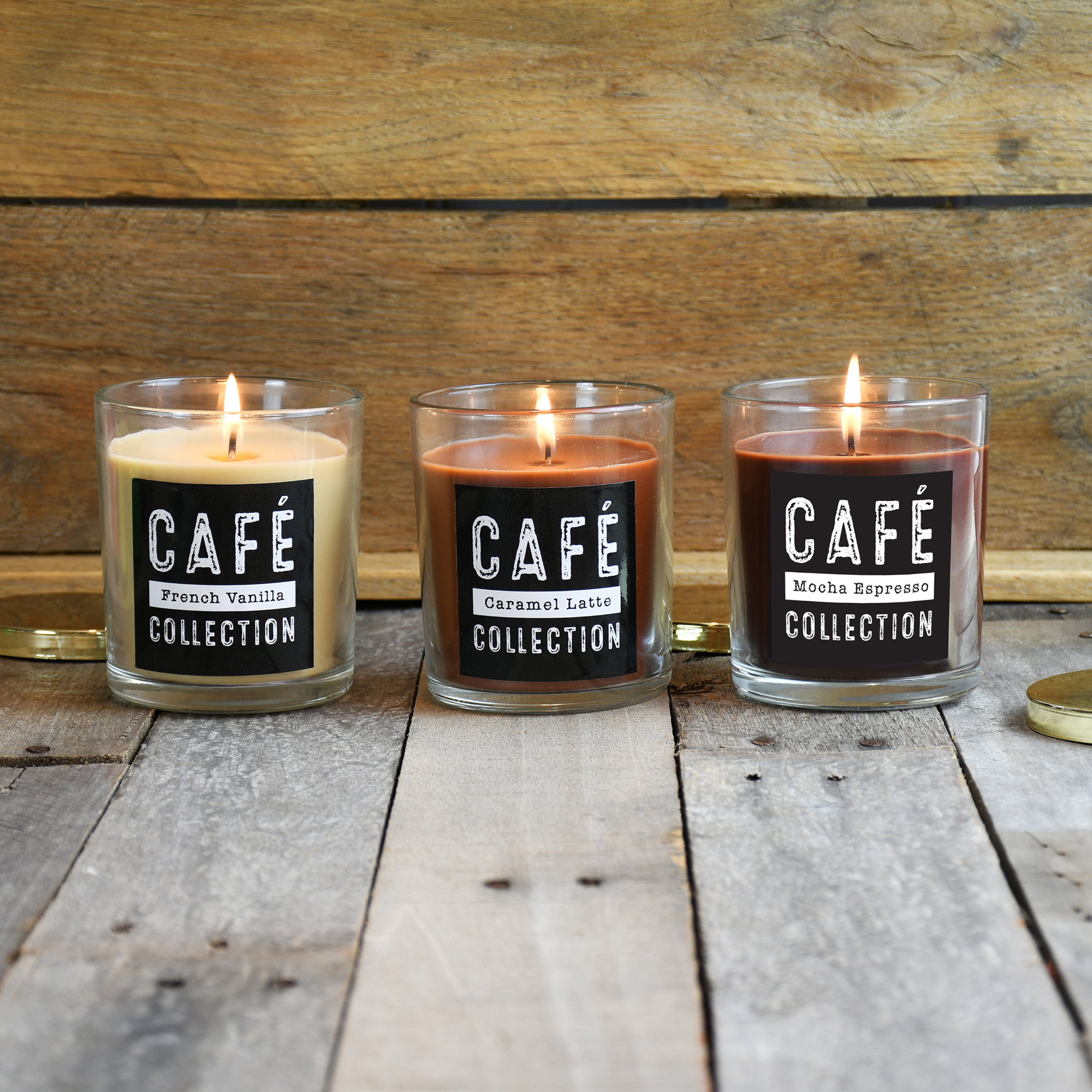 Coffee scented candles from the Café Collection. French vanilla, caramel latte, and mocha espresso.