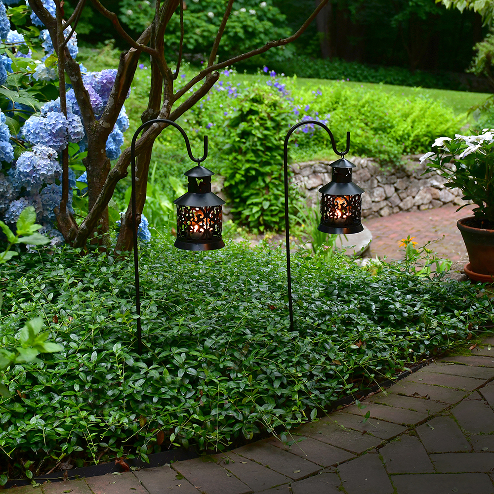 Lanterns with candles on shepherd's hooks light up the garden pathway.