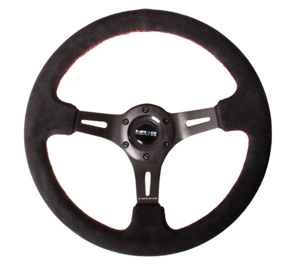 NRG Sport Steering Wheel (350mm / 3in. Deep) Black Suede/Red Stitching w/Black 3-Spoke Center