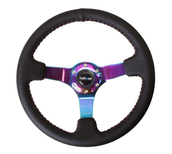 NRG Sport Steering Wheel (350mm) Black Leather/Red BBall Stitch w/Neochrome Spokes