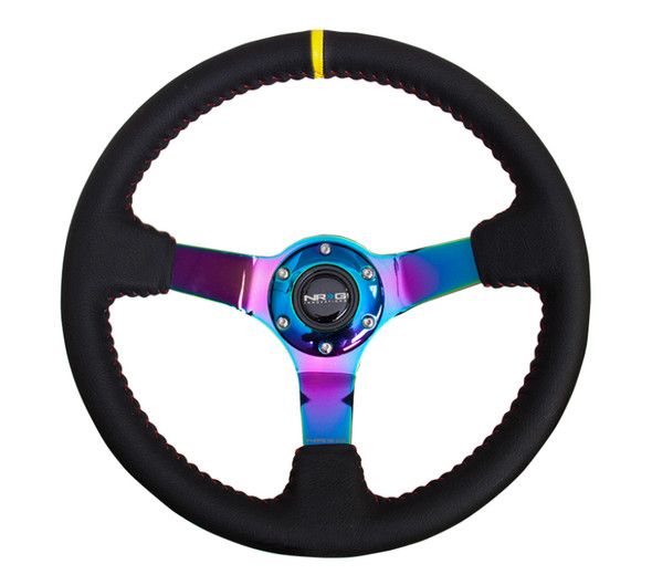 NRG Sport Steering Wheel (350mm) Blk Leather/Red BBall Stitch w/Neochrome Spoke & Yellow Center Mark