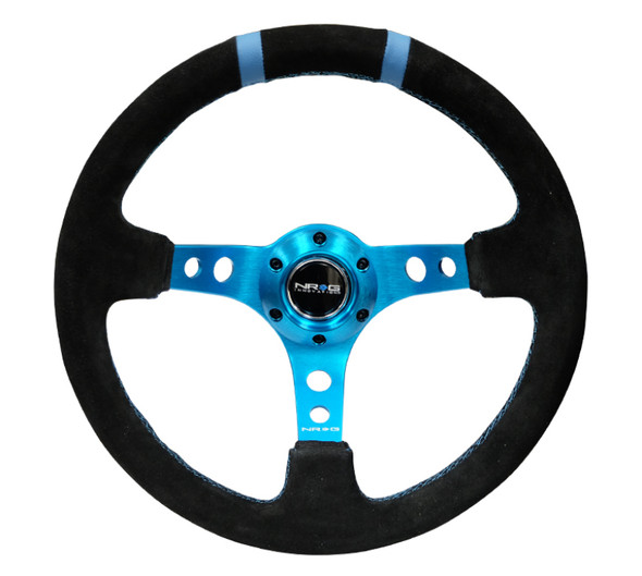 NRG Reinforced Steering Wheel (350mm / 3in. Deep) Blk Suede w/New Blue Spokes & Double Center Marks