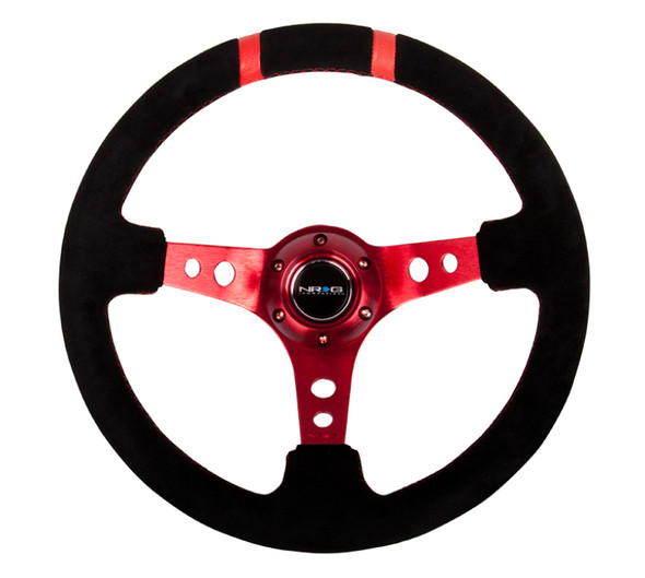 NRG Reinforced Steering Wheel (350mm / 3in. Deep) Blk Suede w/Red Spokes & Red Double Center Marks