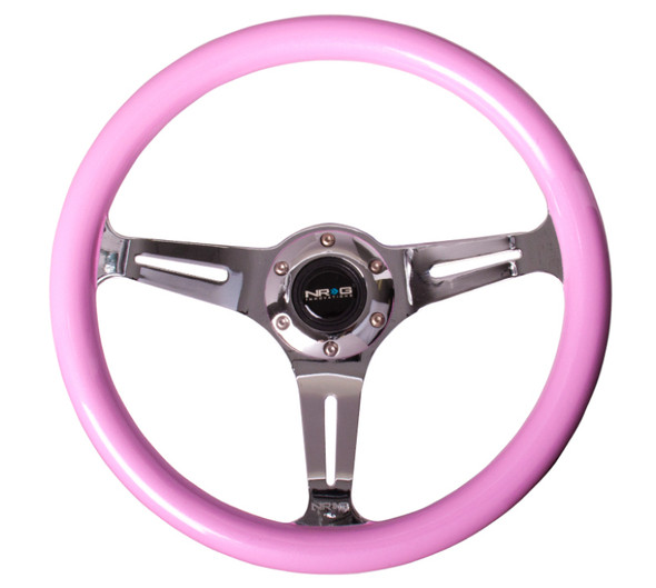 NRG Classic Wood Grain Steering Wheel (350mm) Solid Pink Painted Grip w/Chrome 3-Spoke Center