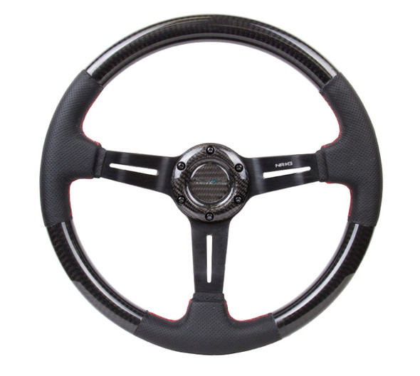 NRG Carbon Fiber Steering Wheel (350mm /1.5in. Deep) Leather Trim w/Red Stitch & Slit Cutout Spokes