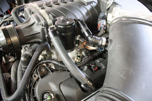 JLT 11-17 Ford Mustang GT (w/Roush/VMP Supercharger) Driver Side Oil Separator 3.0 - Black Anodized