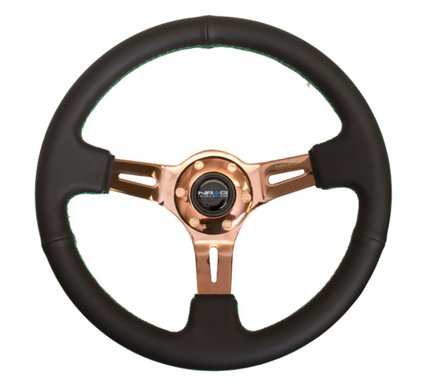 NRG Sport Steering Wheel (350mm / 3in. Deep) Blk Leather/Green Stitching & Rose Gold 3-Spoke Center