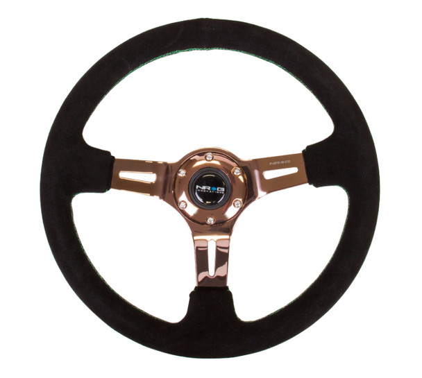 NRG Sport Steering Wheel (350mm / 3in. Deep) Black Suede/Green Stitching w/Rose Gold 3-Spoke Center