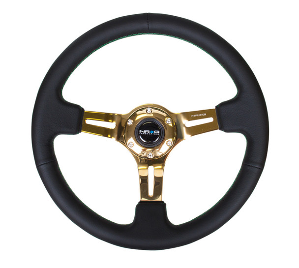 NRG Sport Steering Wheel (350mm / 3in. Deep) Blk Leather/Green Stitch & Chrome Gold 3-Spoke Center