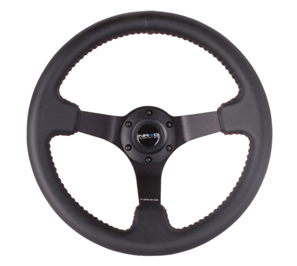 NRG Sport Steering Wheel (350mm / 3in. Deep) Black Leather/Red BBall Stitch & Black Chrome Spokes