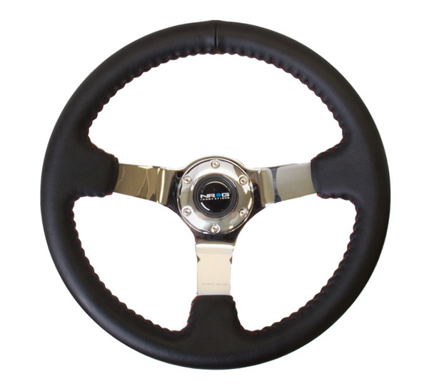 NRG Sport Steering Wheel (350mm / 3in. Deep) Black Leather/Red BBall Stitch & Chrome Spokes