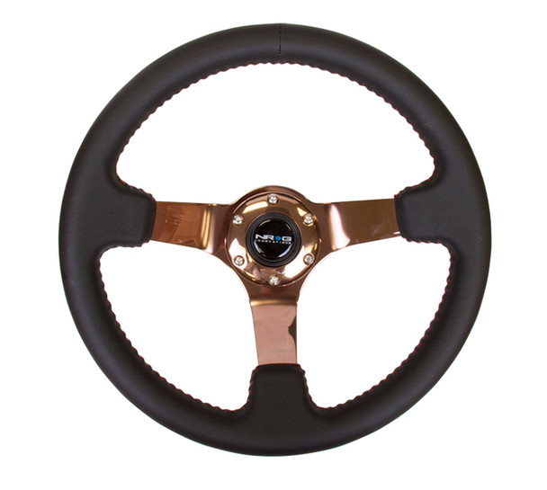 NRG Sport Steering Wheel (350mm) Black Leather/Red BBall Stitch w/Rose Gold Spokes