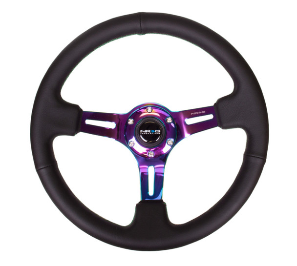 NRG Sport Steering Wheel (350mm / 3in. Deep) Blk Leather/Green Stitching & Neochrome 3-Spoke Center