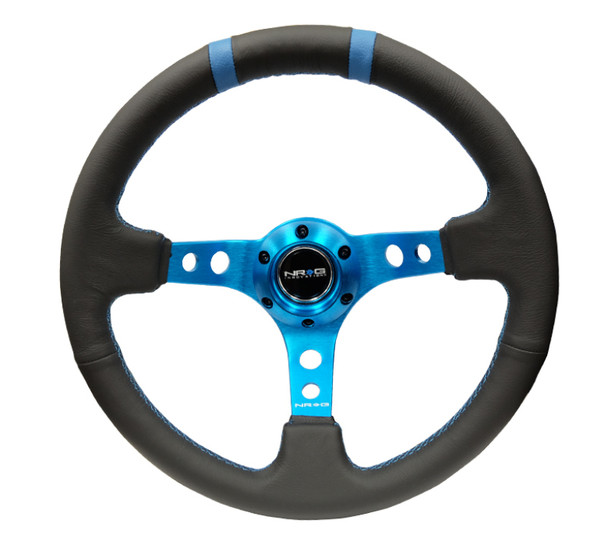 NRG Reinforced Steering Wheel (350mm / 3in. Deep) Blk Leather w/New Blue Spokes & Dbl Center Marks