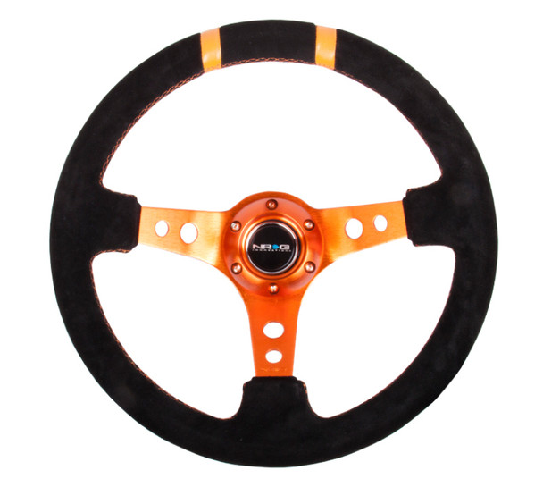 NRG Reinforced Steering Wheel (350mm / 3in. Deep) Blk Suede w/Orange Spokes & Double Center Marks