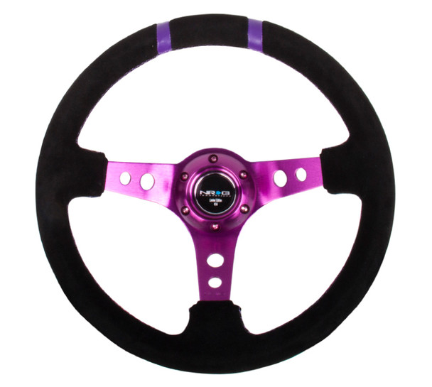 NRG Reinforced Steering Wheel (350mm / 3in. Deep) Blk Suede w/Purple Spokes & Double Center Marks