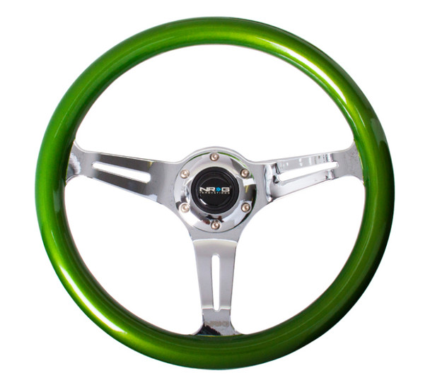 NRG Classic Wood Grain Steering Wheel (350mm) Green Pearl/Flake Paint w/Chrome 3-Spoke Center