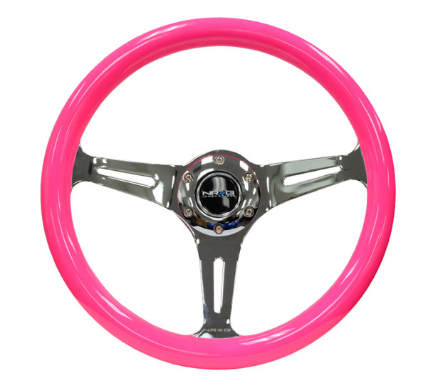 NRG Classic Wood Grain Steering Wheel (350mm) Neon Pink Painted Grip w/Chrome 3-Spoke Center
