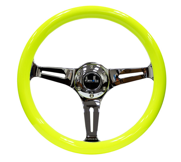 NRG Classic Wood Grain Steering Wheel (350mm) Neon Yellow Color w/Chrome 3-Spoke Center