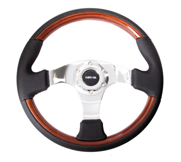 NRG Classic Wood Grain Steering Wheel (350mm) Black Leather w/Wood Accents & Chrome 3-Spoke Center