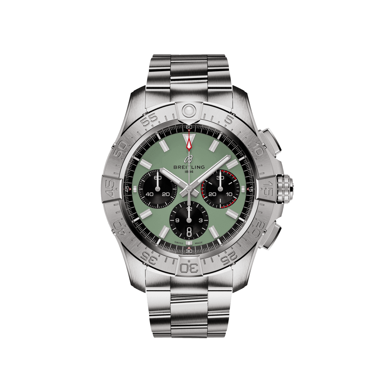 Breitling Avenger B01 Chronograph 44, stainless steel wristwatch with green dial, three black subdials, and chronograph features.