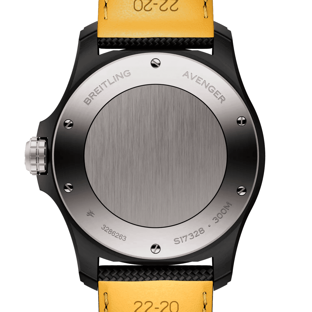 Breitling Avenger Automatic 42 Night Mission watch, back view showing stainless steel case back with engravings and a yellow strap.