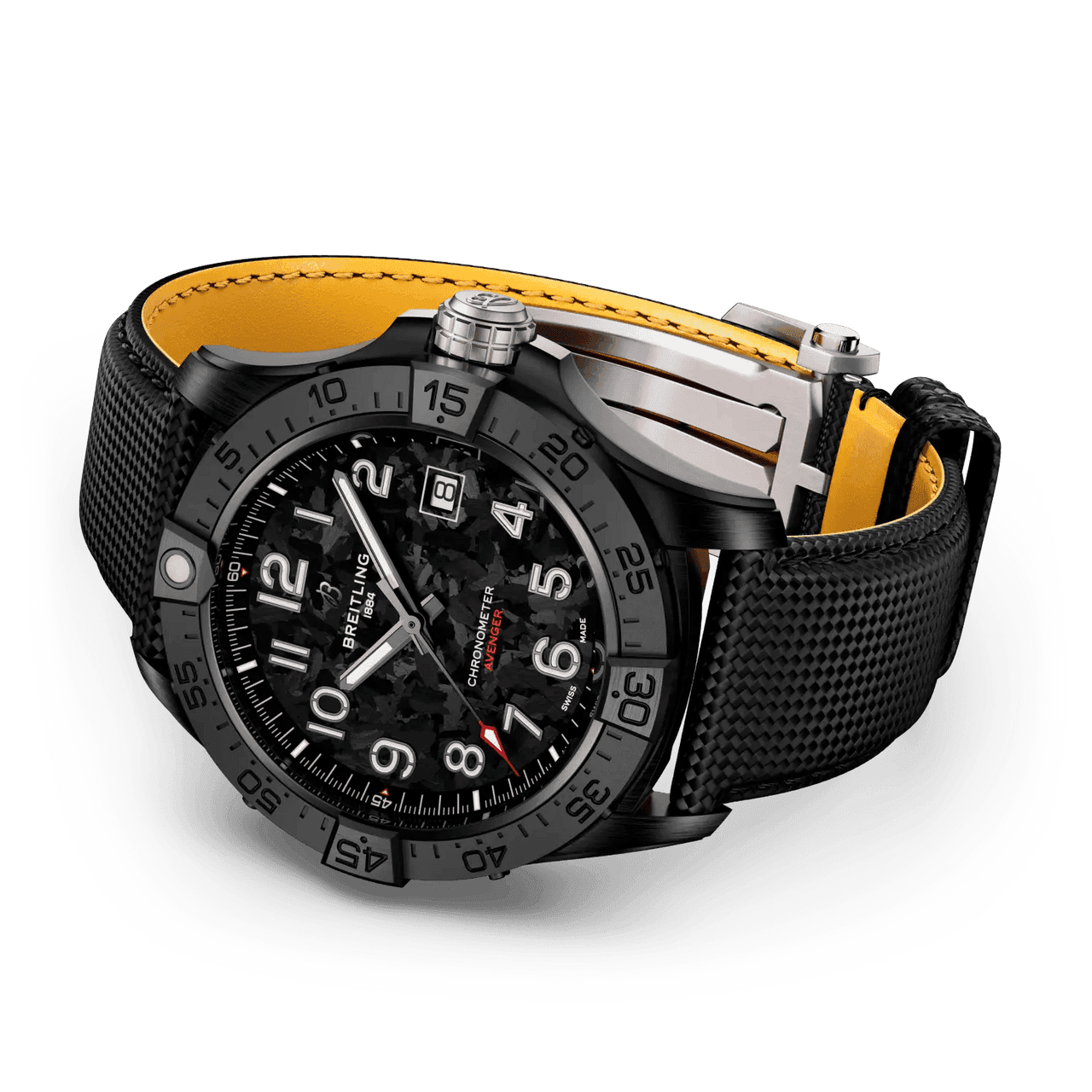 Breitling Avenger Automatic 42 Night Mission wristwatch, black dial with chronograph features, luminous hands, and a black textured strap with yellow interior.